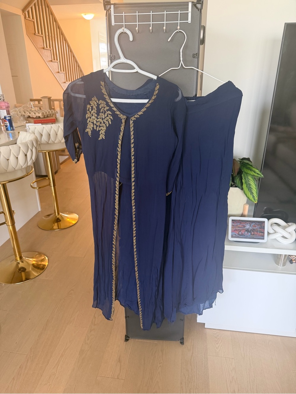 Women’s Navy Blue Embroidered Open-Front Top with Palazzo